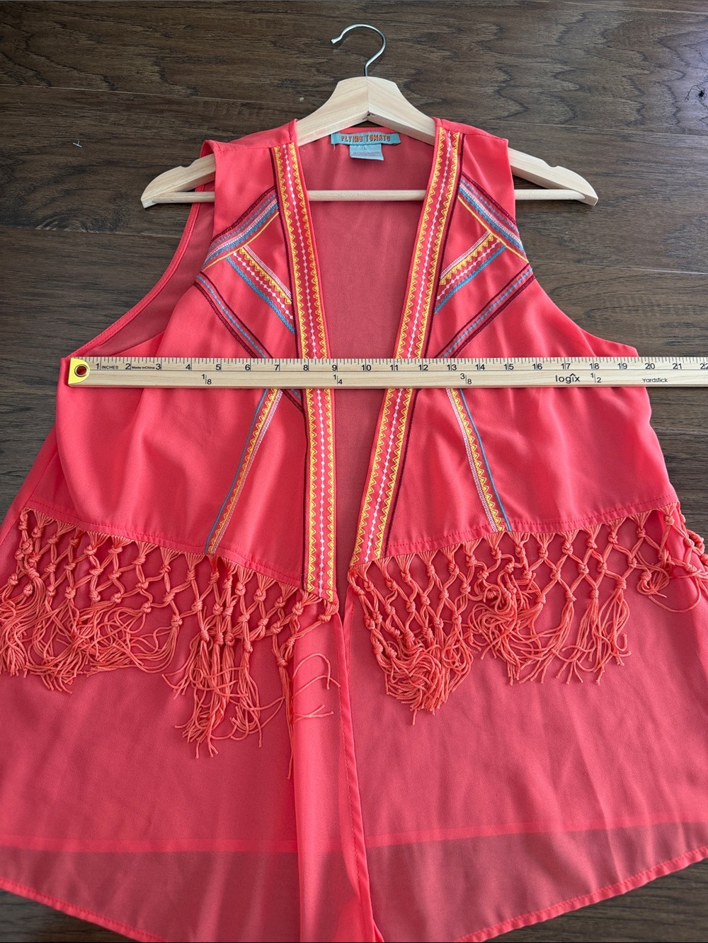 Flying Tomato Boho Coral Open Front sheer Vest Fringe Embroidered Geo Trim - Picture 4 of 9